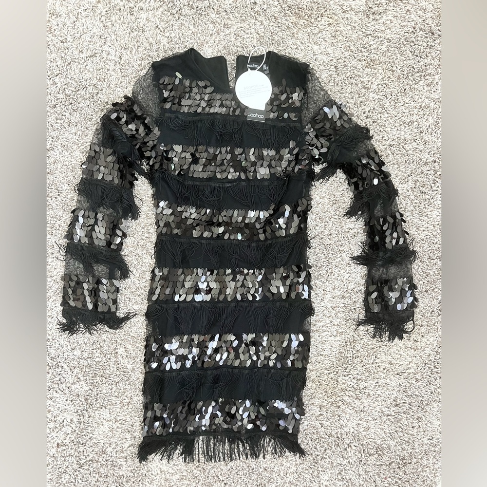 Boohoo Black Sequined Fringe Dress